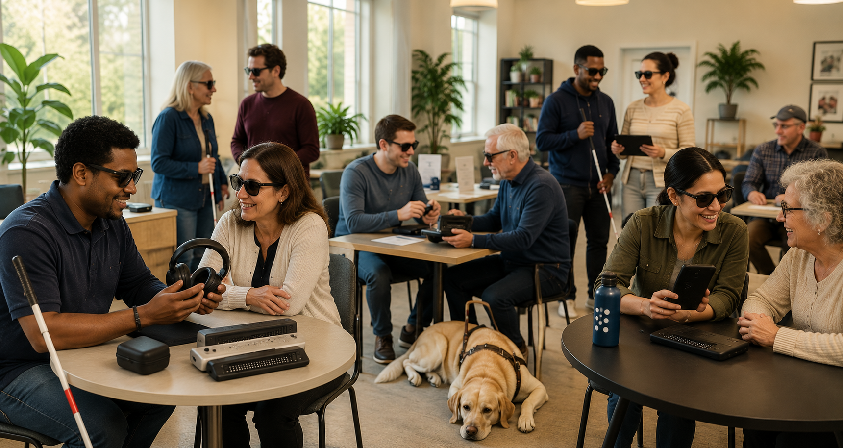 A bright, welcoming room where a diverse group of blind and low vision community members are gathered together. In the foreground, a young Black man holding a white cane shows a pair of headphones to a smiling woman seated across from him. On the table between them sit a braille display and other assistive devices. Nearby, a guide dog in a harness rests calmly on the floor beside a table where an older man and a younger man are engaged in conversation. To the right, a woman wearing dark glasses laughs while sharing a smartphone with an older woman, a braille keyboard visible on the table beside them. In the background, several other people stand and converse, some holding white canes or tablets, all in an atmosphere of warmth and community.